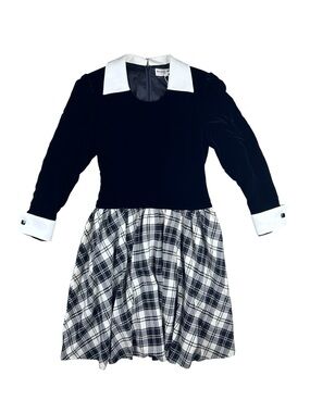 Rare Hanae Mori 90’s Black & White Velvet Plaid Dress with Contrasting Collar